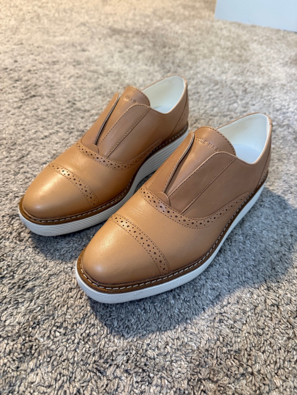 Women’s Tan Leather Cole Haan Slip-On Brogue Platform Loafers, 8.5, worn twice